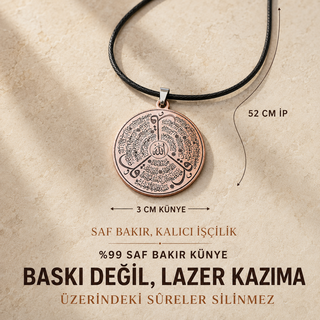 Hıfz Mührü Bakır Kolye – İhlâs, Felak ve Nâs Sûreli
